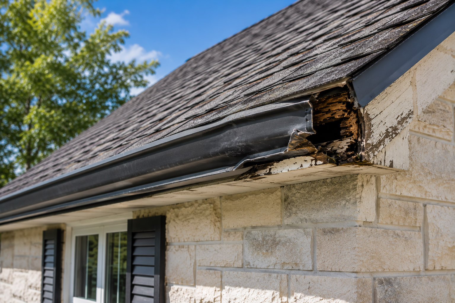 Clogged and sagging gutter with water damage